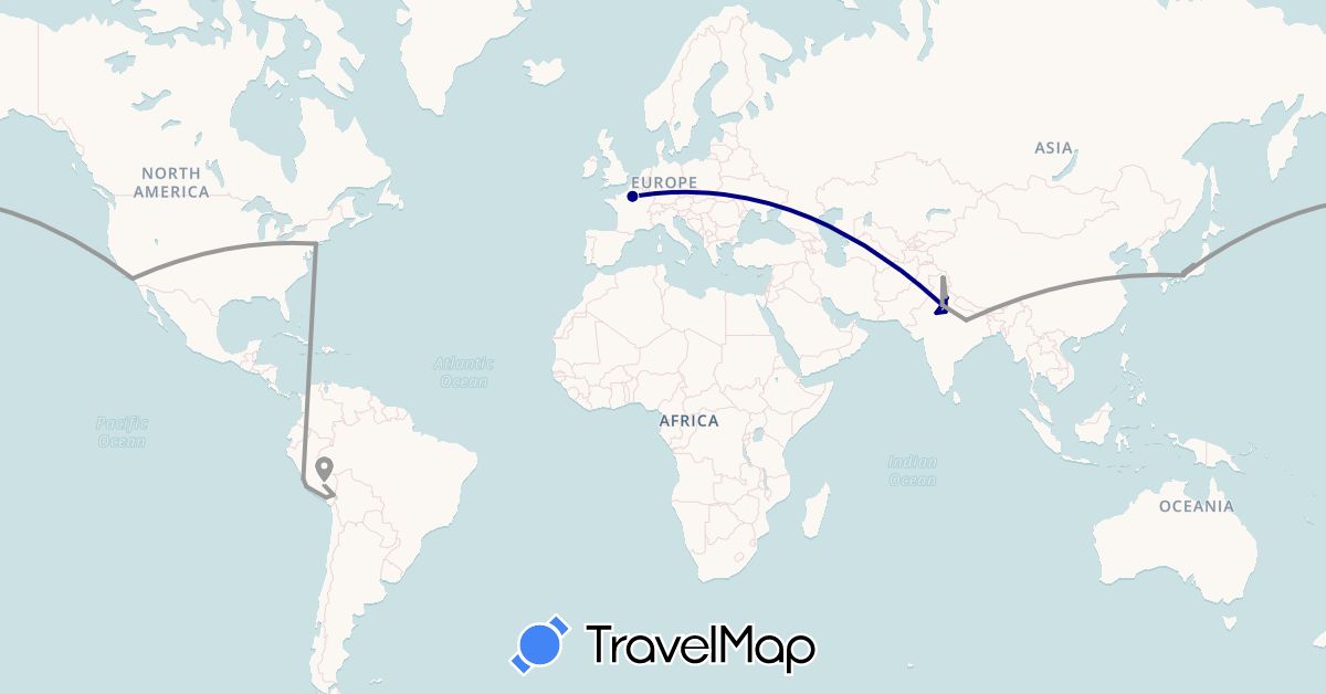 TravelMap itinerary: driving, plane in France, India, Japan, Peru, United States (Asia, Europe, North America, South America)